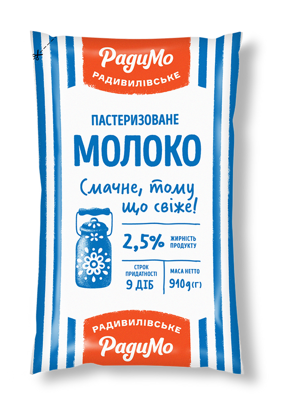 Молоко коров'яче РАДИМО, пастеризоване, 2,5%, 910г